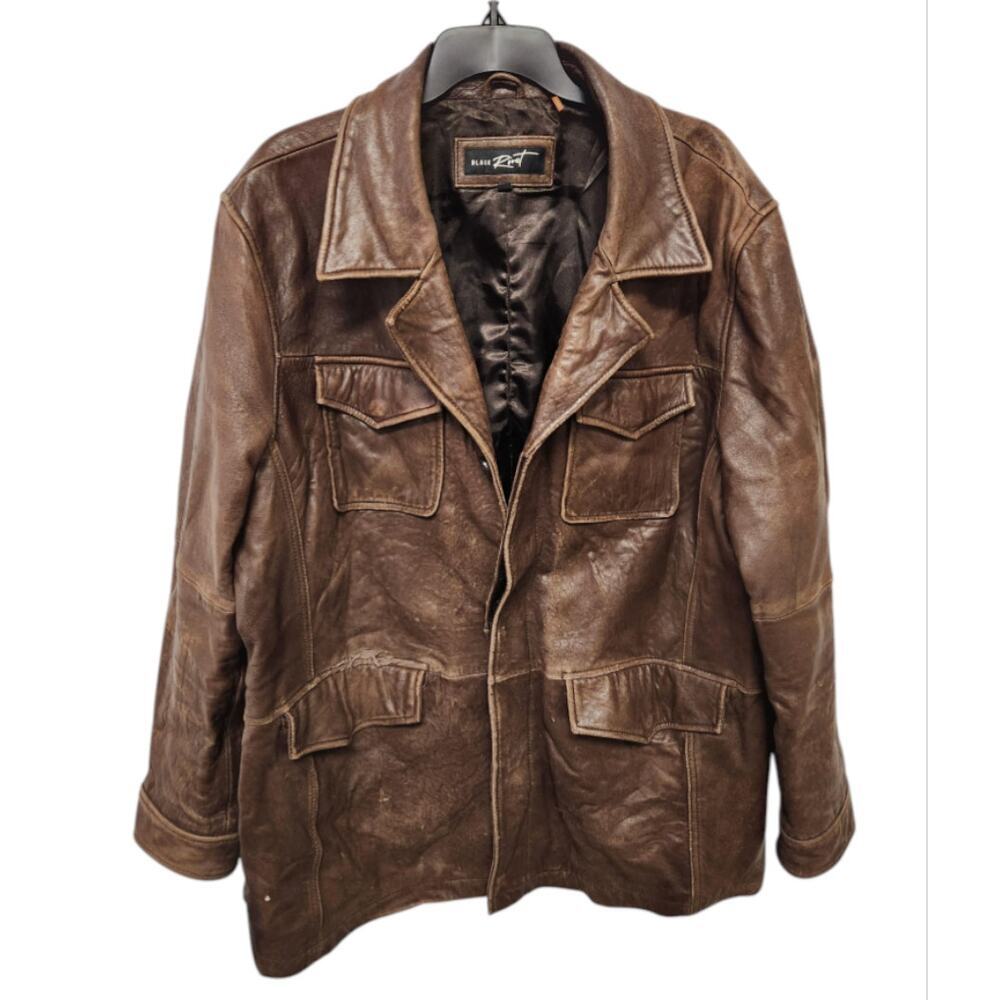 Black Rivet Brown Leather Jacket Mens Large Distressed Button Coat